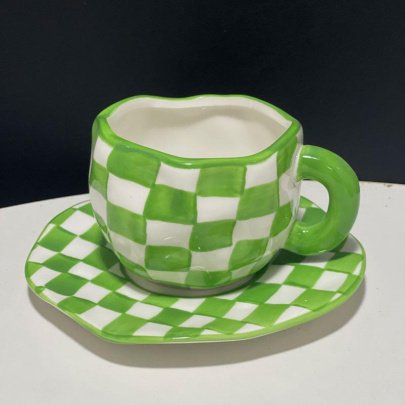Vintage Hand-Painted Black And White Checkerboard Coffee Cup And Saucer Underglaze Ceramic Hand-Pinched Irregular Afternoon Tea Cup And Saucer Set