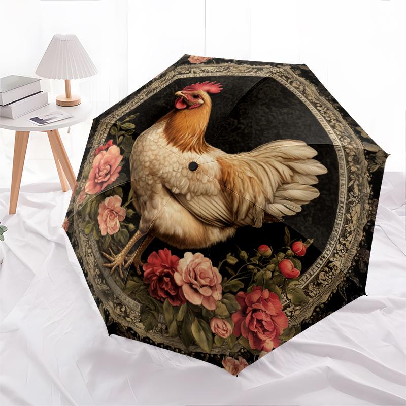 Rooster pattern, automatic folding umbrella, portable and foldable design, 8 ribs, a Christmas or birthday gift.