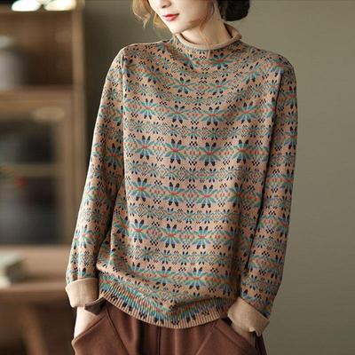 Women Vintage Loose Casual Sweater Print Floral Turtleneck Long Sleeve Sweaters Winter Chinese Style Pullover