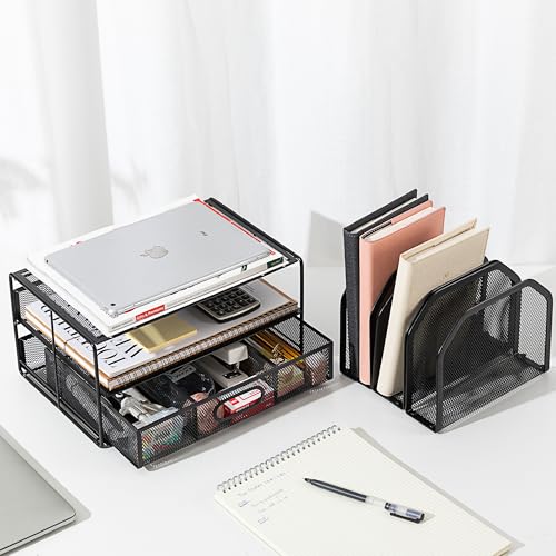 Amazon Basics Desktop Mesh Storage Case with Sliding Drawer, Double Tray, and Five Upright Sections, Black