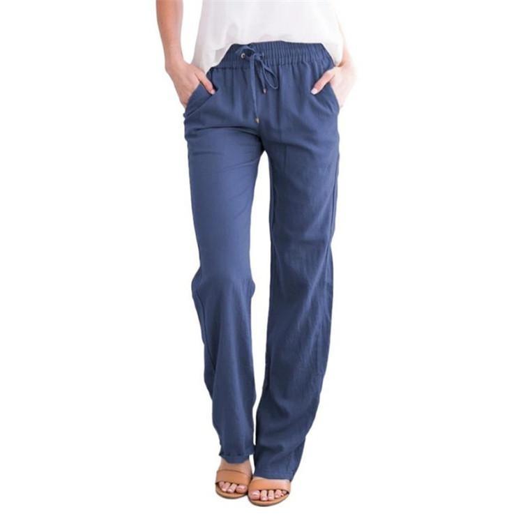 Women Wide Leg Trousers Loose Drawstring Casual Pants Solid Colour Cotton Linen Spring Summer