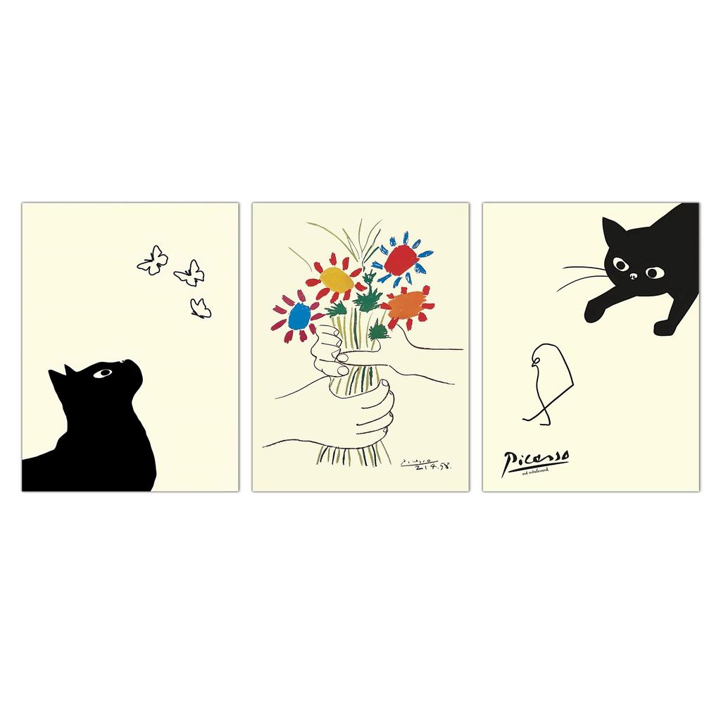 Picasso Cat Painting: Cat and Friendship Flowers, 3-Panel Art Poster, Decorative Painting for Living Room, Sofa Background, Wall Decor, with Wooden Fr