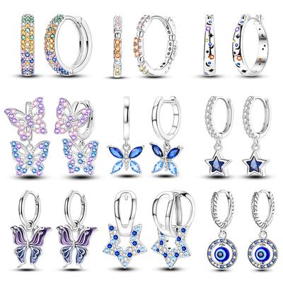 100 % 925 Sterling Silber Ohrringe für Frauen Bunte Zirkon Stern Schmetterling Teufelsauge Anhänger Ohrringe Eleganter Partyschmuck