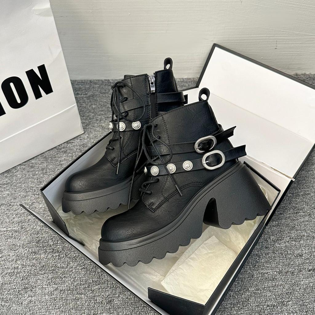 Fashion New Women's Pu Leather Ankle Boots Women Autumn Winter Round Toe Lace Up Shoes Woman Motorcycle Platform Botas Gothic Shoes