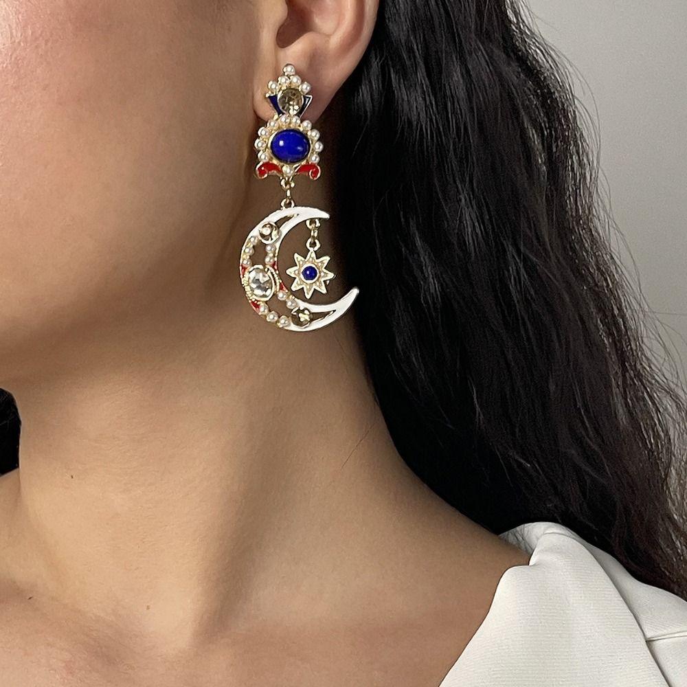 Handmade Sun&Moon Earrings Minority Design Crystal Earrings Cute Dangle Earring  Gift