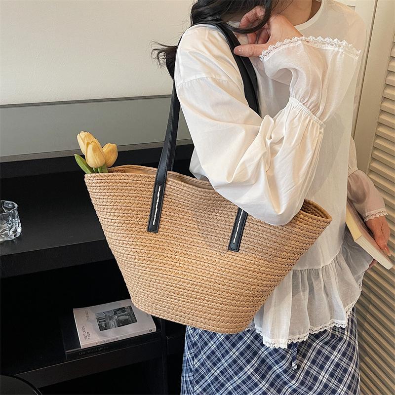 Borsa Tote in Paglia Intrecciata con Manici in Pelle Nera Grande Capacità Borsa da Spiaggia Estiva Borsa a Mano Casual da Donna per Uso Quotidiano