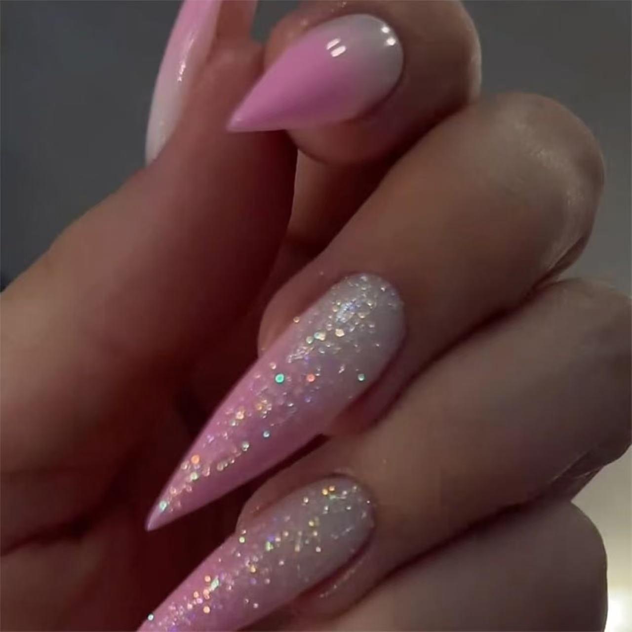 

New Pink Gradient Long Pointed Press-On Nails: Cross-Border European & American Hot Girl Style.