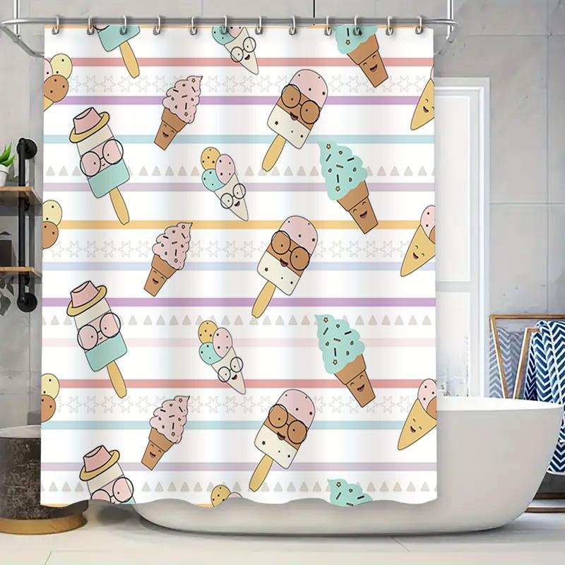 

Charmful Ice Cream Pattern Shower Curtain For Bathroom Decor Multicolor Striped Design Cute Cartoon Print Waterproof Fabric Easy W60H190(CM)-1 Pcs