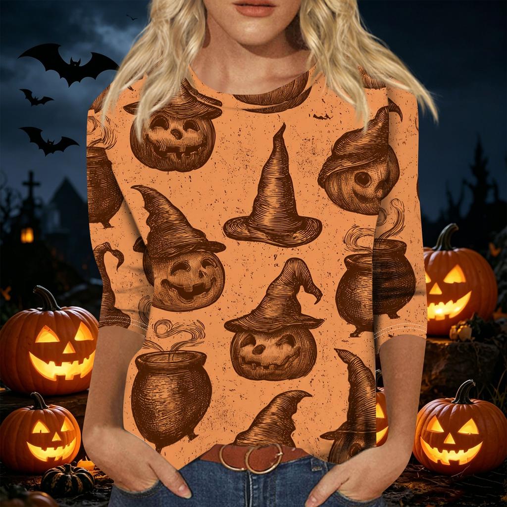 Women's Casual Halloween Print Pullover Top Lightweight Long Sleeve Round Neck Shirt for Fall Seasonal Wear
