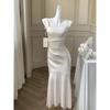 Damen Weißes Satin-Fischschwanz-Abendkleid - U-Ausschnitt Spaghettiträger Französischer Sommerstil