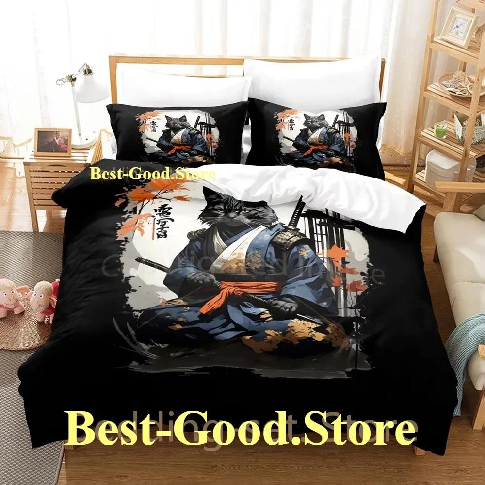 COOL Samurai Cat Bedding Set Duvet Cover Full Queen King Size Pillowcase Bed Printed Bed Set Aldult Kid Bedroom Single Twin