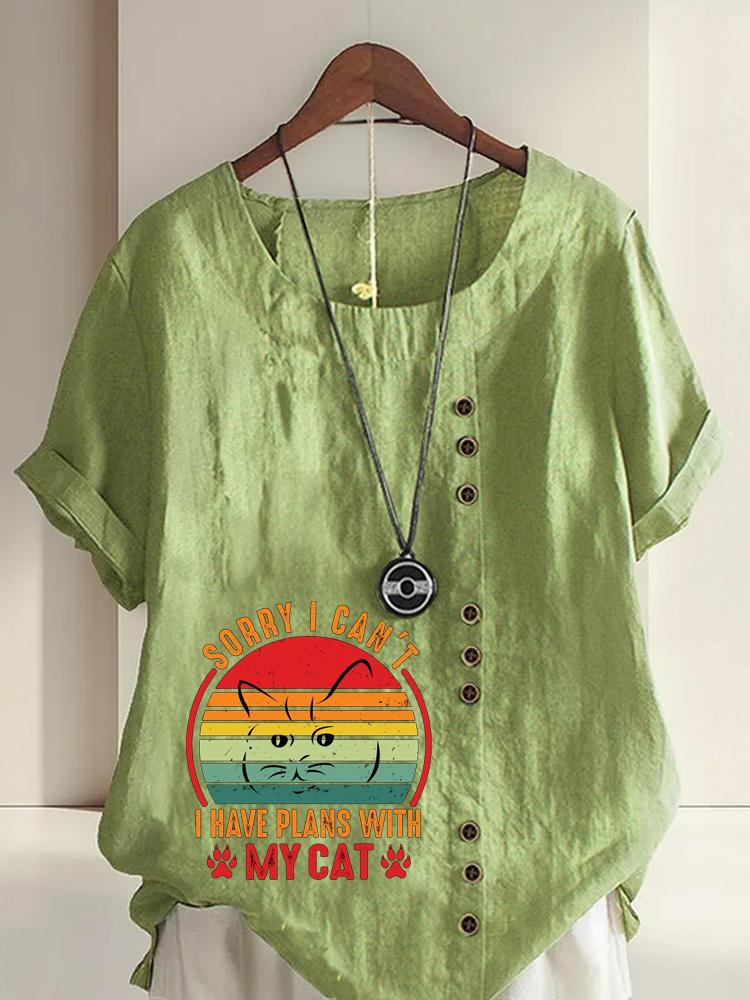 

Women s Fashion Cat Print Round Neck Short Sleeve T-shirt Summer Casual Cotton Linen Graphic Shirt Leisure Loose Blouse Tops 5XL