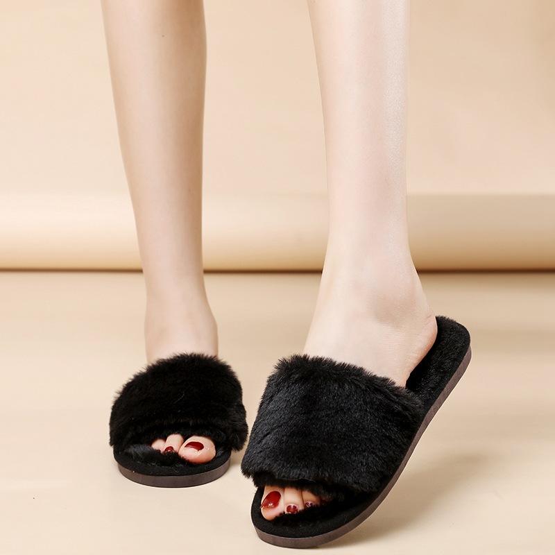 Fairy-style Pure Color Fluffy Slippers for Women, Wear Outside Lazy One-word Cotton Slippers