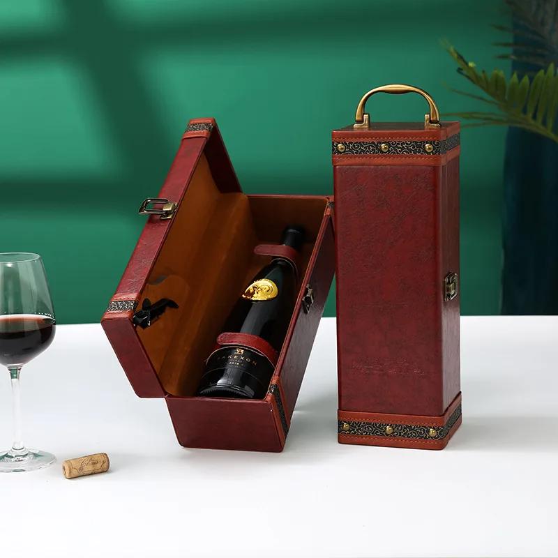 

Single / Double Red Wine Champagne Tote Carrier Handle Travel Case PU Leather Wine Bottle Box Leather Luxury Bag Organizer Gift