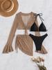 2025 European & American Solid Color Mesh Long Sleeve Beach Bikini Cover-up Women's Four-Piece Swimsuit Set