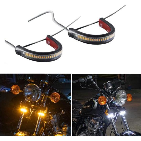 2PC Flexible Switchback Dual-Color White & Amber Motorcycle LED Fork Turn Signal Blinkers DRL Daytime Running Light Waterproof Adjustable Stips Bars