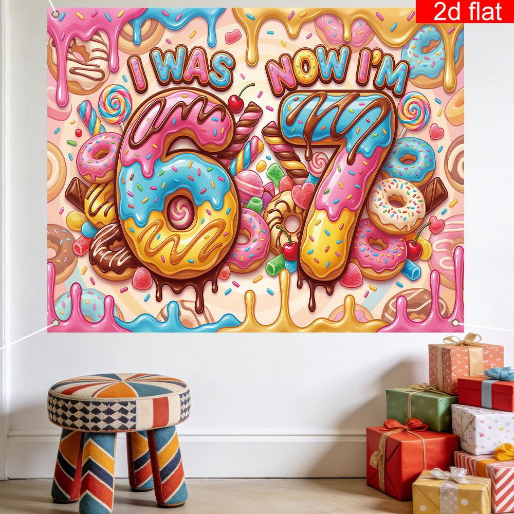 1 Piece 2D Banner | Birthday Party Background, Made of Polyester, Full of Desserts - "I Was 6 Years Old, Now I'm 7 Years Old"