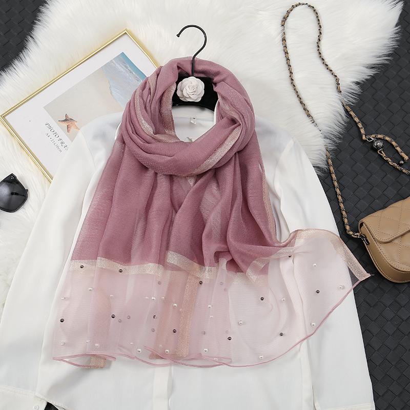 Fashion Luxury Silk Scarf For Women Shawls With Beads Long Scarf For Women Female Foluard Stoles Bandana Head Wraps Headscarf