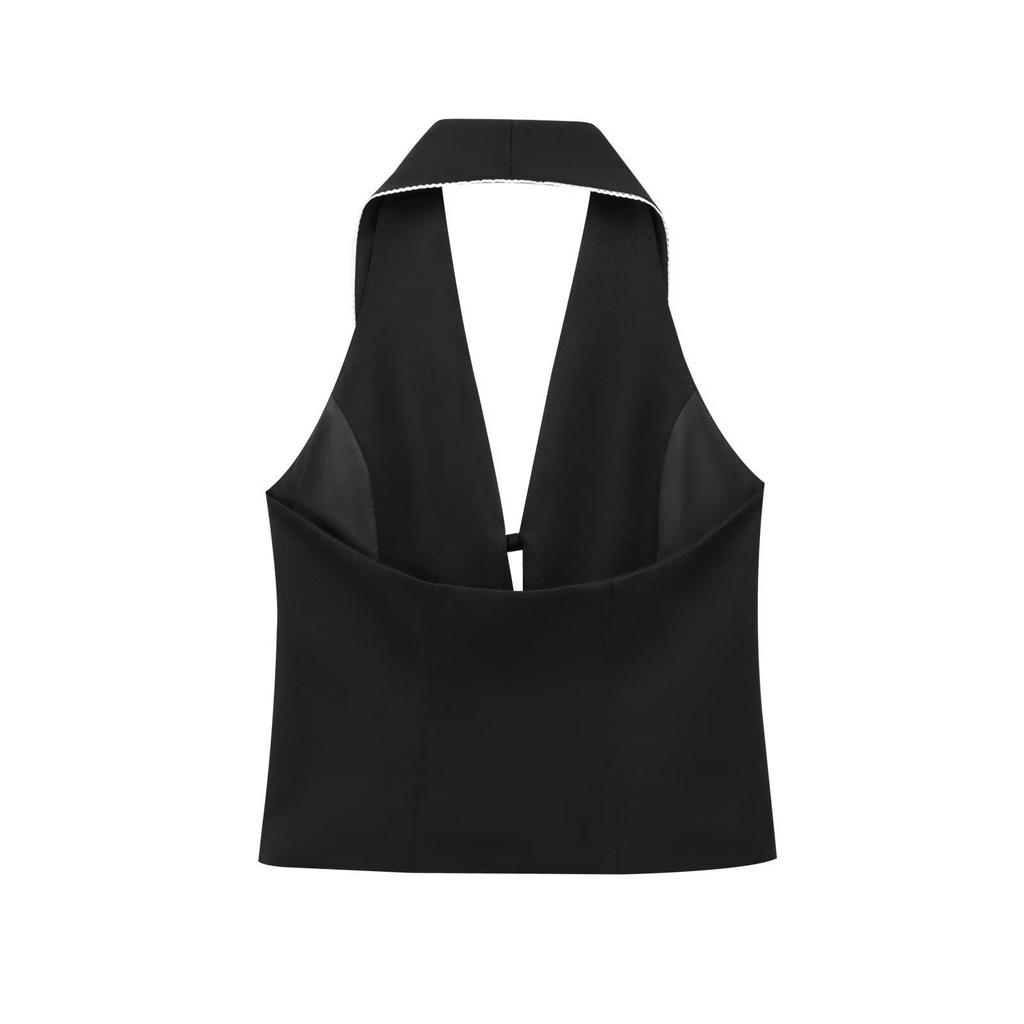 2025 Spring Women's European & American Style Halter Top with Bow Decor & Patchwork