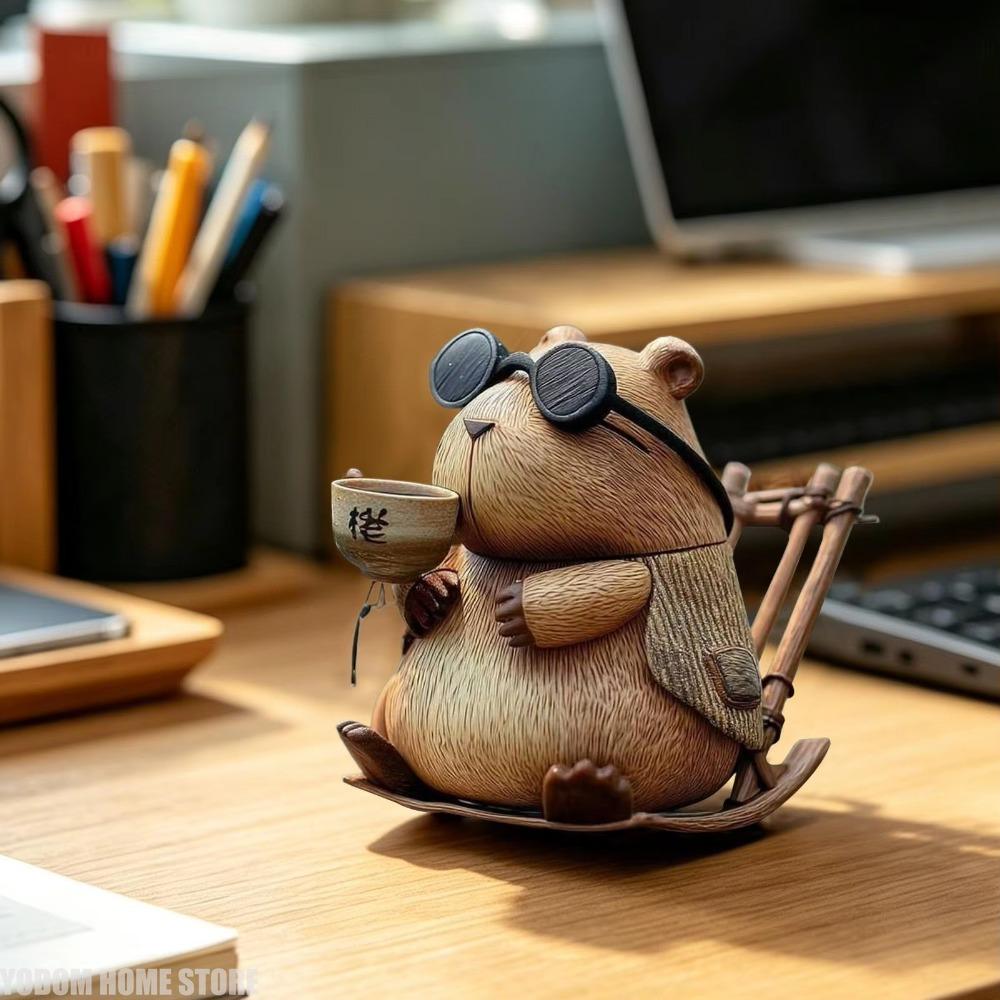Lovely Tea Drinking Capybara Resin Statue, Small Animal Ornament for Bookshelf, Windowsill Household Display