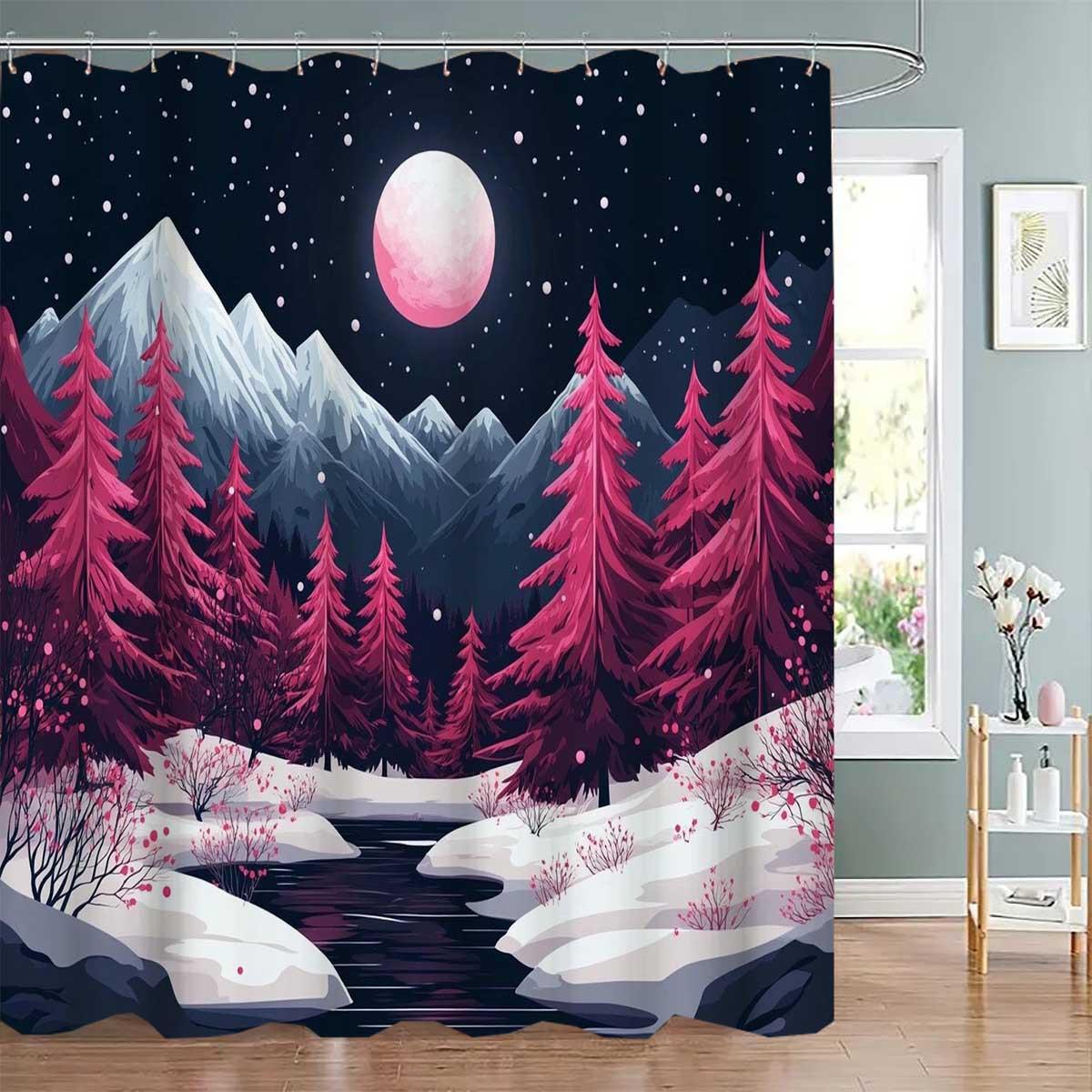 

1Pc Shower Curtain With Patterns Of Snow Forests And Mountains Under The Full Moon - With 12 Hooks, Machine Washable, Suita W60H190(CM)-1 Pcs