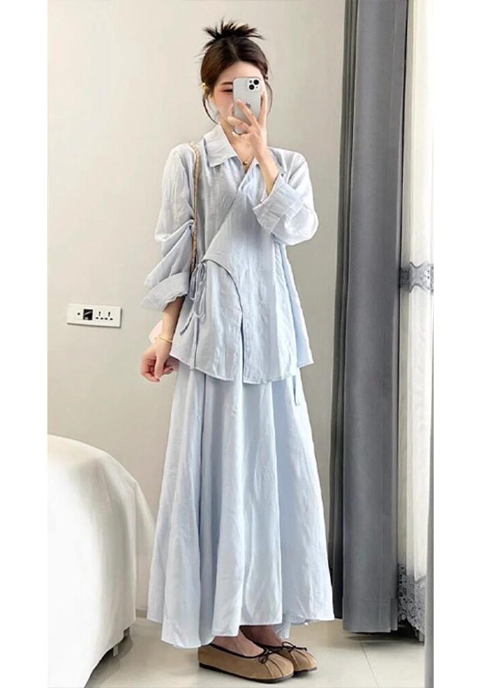 Early Autumn Women's Zen-Inspired Chinese Style Shirt & Skirt Set