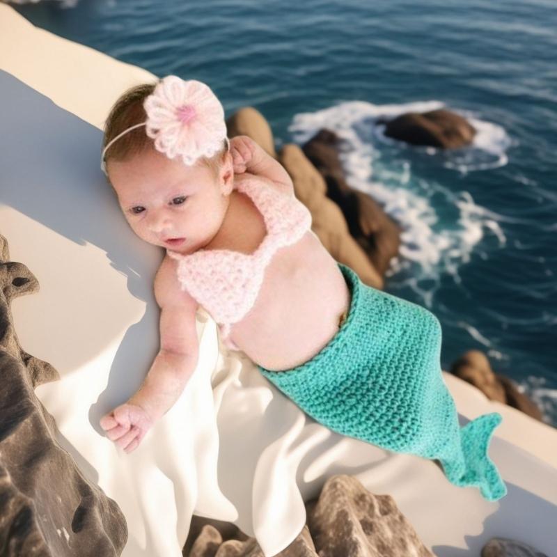 Soft Knitting Baby Sea-maiden Costume Chest Flower Headwear for Capturing Beautiful Moment In Newborns Photography