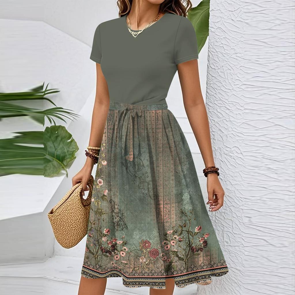 Women's Casual Fashion Belted Floral Printed Short Sleeve Round Neck Elegant Flowing Dress