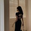 New Temperament Slim Fit and Thin Black Short-sleeved Split Backless Dress Children's Summer Long Dress Women's Clothing