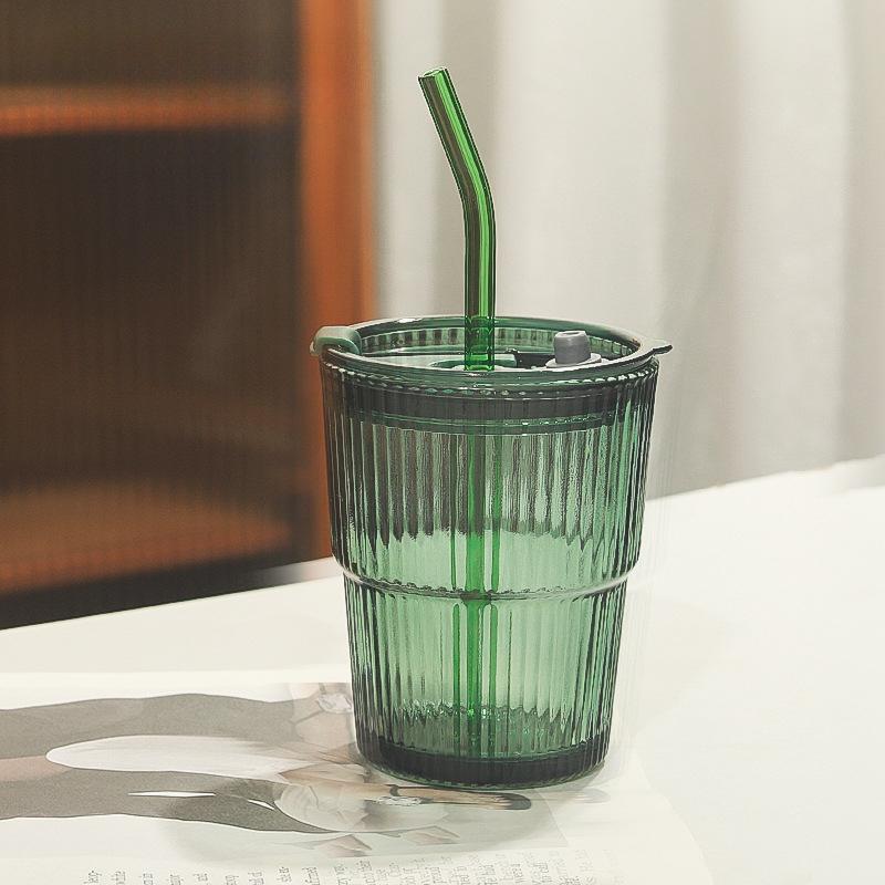 400ml Iced Coffee Mugs Glass Mug Coffee Cup With Lid and Straw Stripe Cups Drinking Glasses for Juice Milk Tea Cups Drinkware