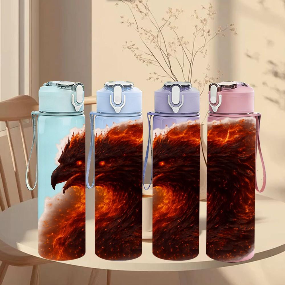 1PC Burning Fire Eagle Bird Art Print 750ml Color Plastic Sports Water Bottle Leakproof Flip Straw Lid Suitable for Sports Office Home Use
