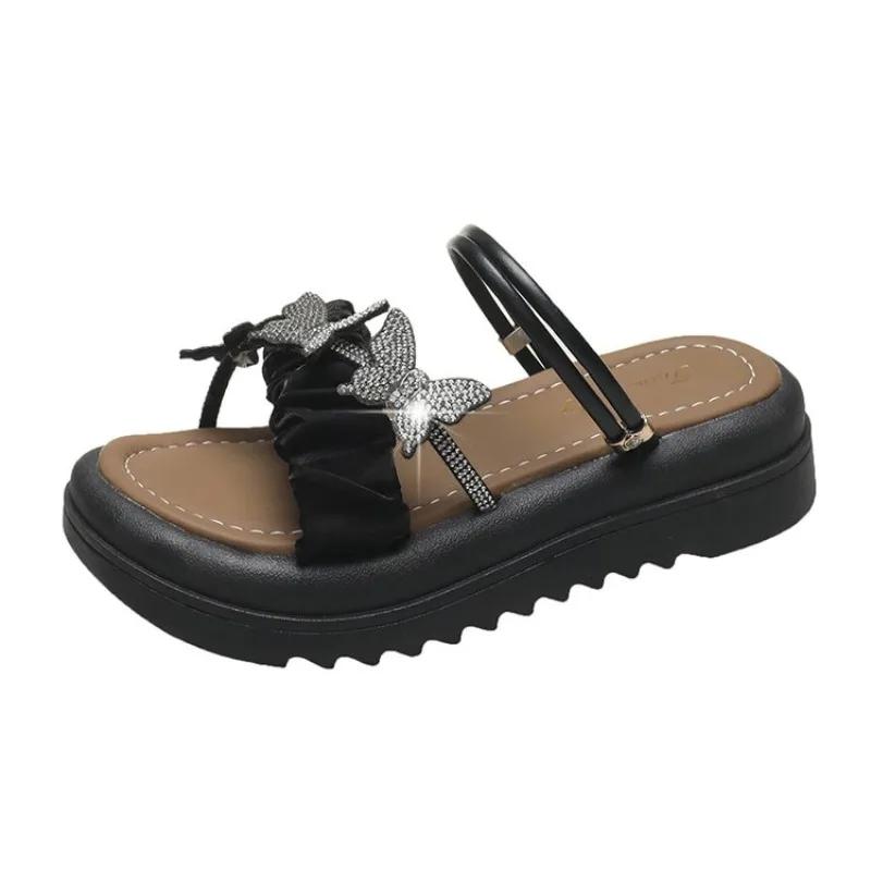 

2024 Летние босоножки на толстой подошве с завышенной талией, мягкие подошвы, новые модные нескользящие пляжные сандалии в одну линию 35-40 40 чёрный