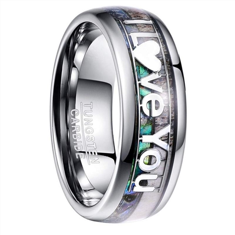 8mm Abalone Shell And Antler Inlay Tungsten Carbide Rings “I LOVE YOU” Men Women Wedding Bands Anniversary Gift