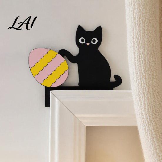 Wooden Animal Wall Art Cartoon Cat Door Frame Pendant Cute Black Corner Decorative Sticker Decoration for Photo Frames And Cabinets Funny Topper