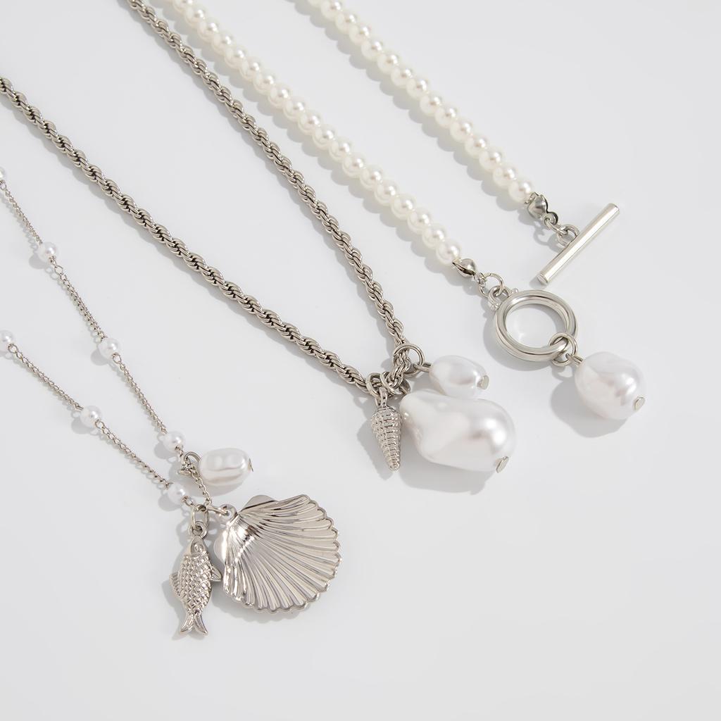 Baroque Imitation Pearl Beaded Shell Necklace, Ocean Wind Conch Small Fish Pendant Collarbone Chain