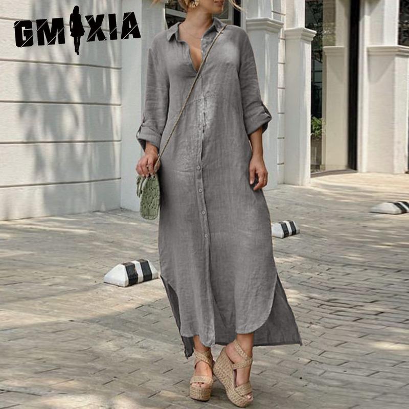 

GMXIA Summer Women s Cotton and Linen Shirt Collar Button Down Long Dress S темно-синий
