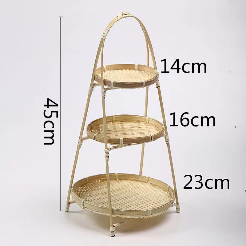 Bamboo Woven Snack & Pastry Basket with Handle Ivory White (Three Tiers)