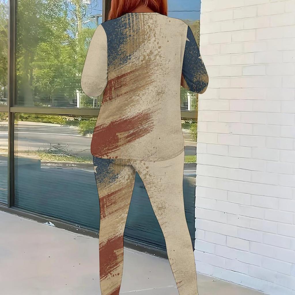 Women Plus Size Round Neck Long Sleeve Printed Top And Fitted Pants Two Piece Set