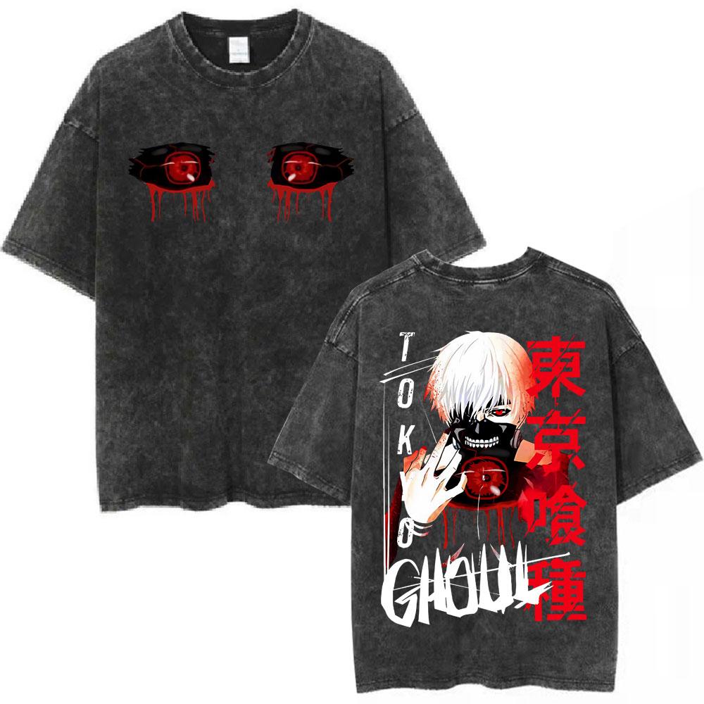 Vintage Washed Anime Tokyo Ghoul T Shirt Manga Kaneki Ken Eyes T-shirts Men Women Cotton Casual Oversized Short Sleeve T-shirts S разноцветный