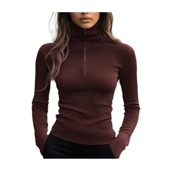

Bottom Tops Zipper Half Placket High Collar Long Sleeve Knitted Tops Solid Color Slim Fit Elastic Base Tops L