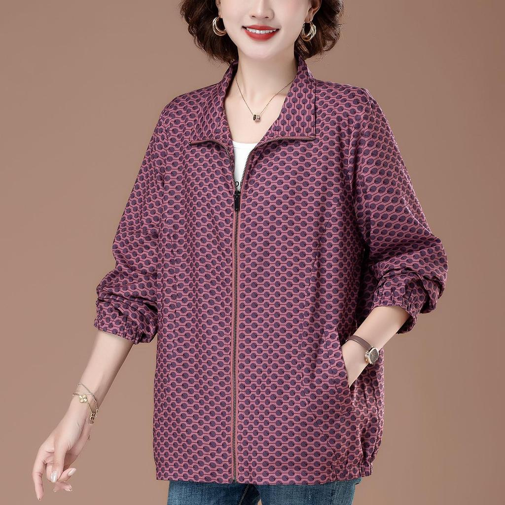 Polka Dot Stand Collar Plus Size Jacket for Women - Stylish Spring/Autumn Trench Coat for Middle-Aged Moms