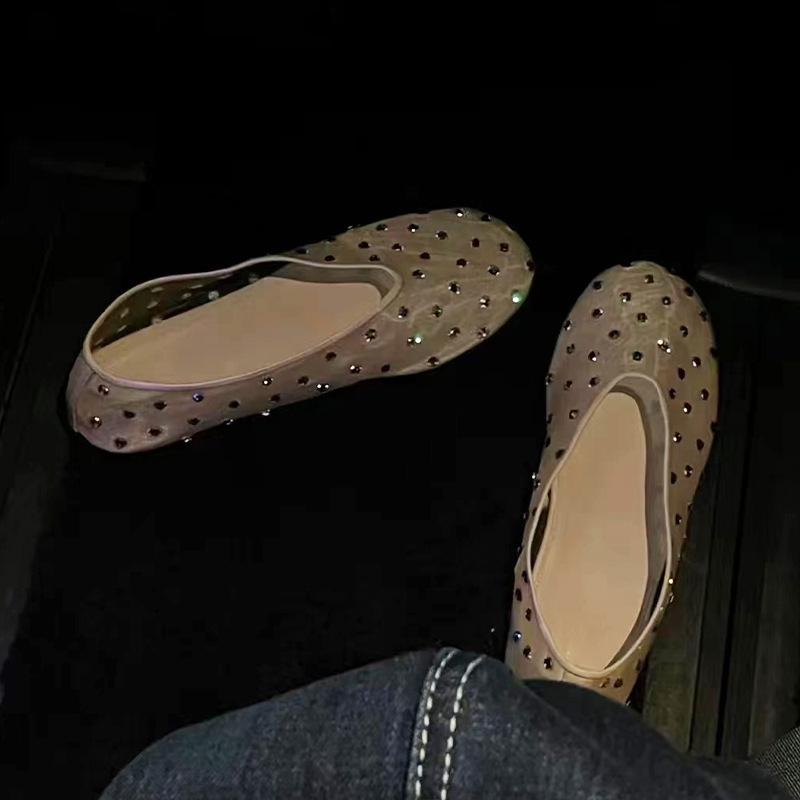 Niche premium Mary Jane shoes mesh yarn breathable rhinestone shallow mouth flat sole shoes women