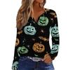 Haut T-shirt Décontracté Mode Femme Imprimé Halloween Col en V Bouton Bordure Manches Longues
