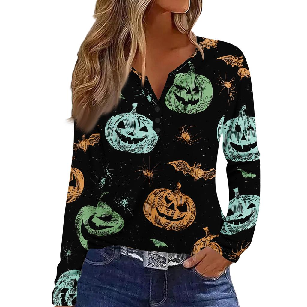 Haut T-shirt Décontracté Mode Femme Imprimé Halloween Col en V Bouton Bordure Manches Longues