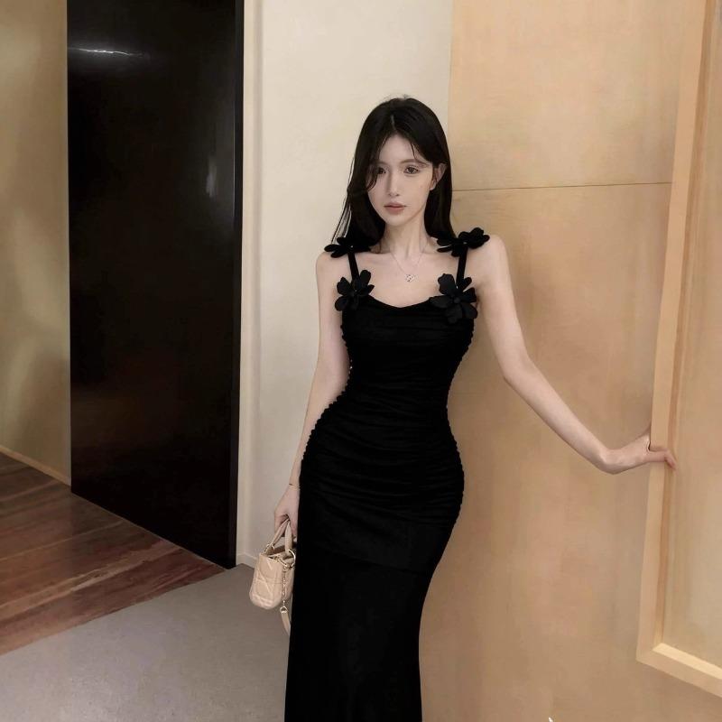 Pink mesh suspender dress women's summer beautiful seaside vacation beach dress hip fish tail long skirt