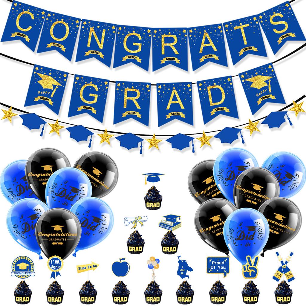 Graduation Season Theme Decoration Congrats Grad Blue Spiral Pendant Flag Balloon Set