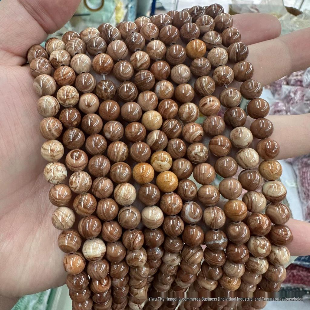 Coffee Wood Grain Stone Beaded Bracelet: Natural Round Beads Jewelry Accessory in Coffee Color