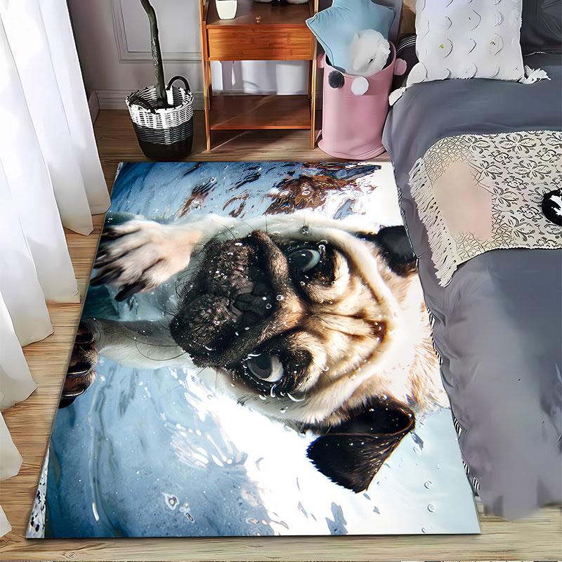 Swimming Pug Underwater Art suitable as a non-slip mat for the living room or bedroom sofa
