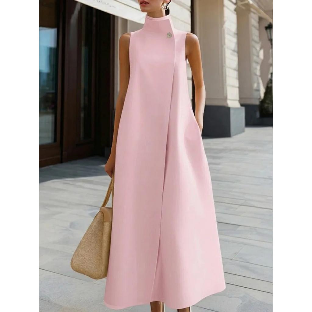 Abito midi elegante da donna, a maniche corte, con colletto alla coreana, monopetto, tinta unita, vestibilità larga, linea ad A, lungo, da ufficio
