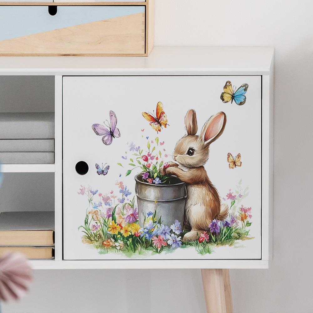Cartoon Rabbit Flowers Butterfly Bedroom Living Room Home Wall Background Beautification Decoration Wall Stickers